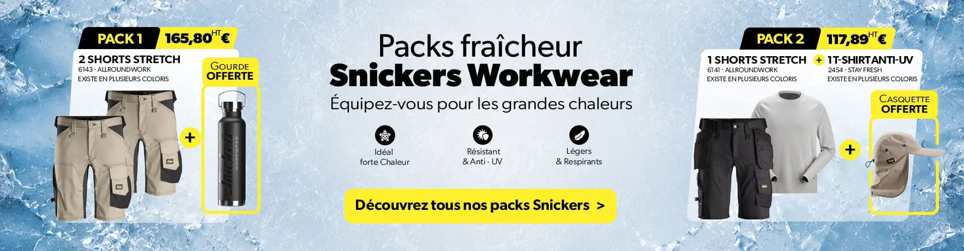 Packs Fraîcheur Snickers Workwear : 2 shorts avec gourde offerte ou short + T-shirt avec casquette offerte